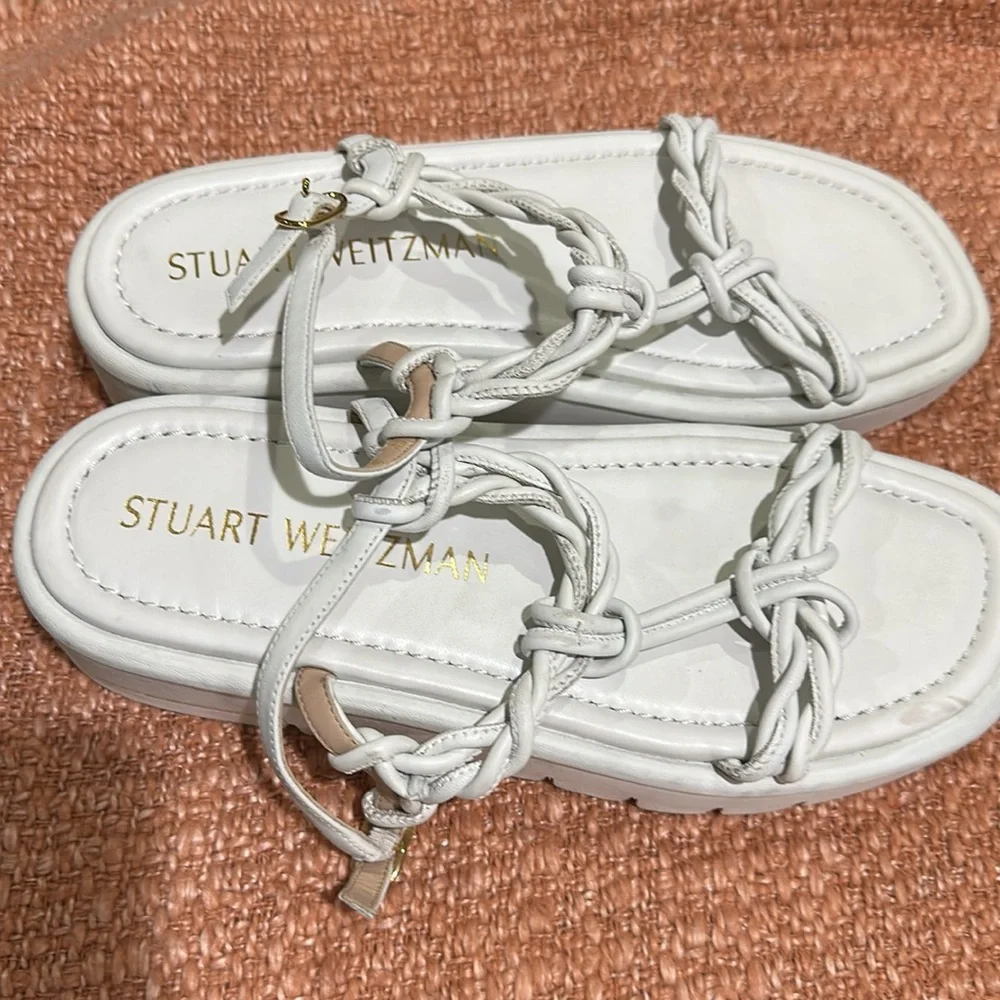 Stuart Weitzman Calypso Lift WHITE  Leather Platform Sandals SZ 8-8.5